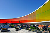 the installation "Your rainbow panorama", a circular skywalk with windows in the colors of the rainbow (by Olafur Eliasson, a Danish-Icelandic artist) on the top of ARoS Aarhus Kunstmuseum (designed by Danish architects Schmidt Hammer Lassen), Aarhus, Jutland Peninsula, Denmark, Northern Europe