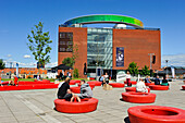 ARoS Aarhus Kunstmuseum (designed by Danish architects Schmidt Hammer Lassen) topped with the installation "Your rainbow panorama" a circular skywalk with windows in the colors of the rainbow (by Olafur Eliasson, a Danish-Icelandic artist), Aarhus, Jutland Peninsula, Denmark, Northern Europe