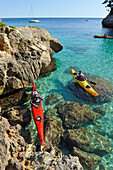 kayak in Mitjana creek near Cala Galdana, South Coast of Menorca, Balearic Islands, Spain, Europe