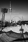  View of the Olympic Tower and the stadium from the roof of the Olympic Stadium, Munich, Upper Bavaria, Bavaria, Germany, Europe\n\n 