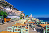 Restaurant mit Ausblick, Afitos, zwischen Nea Fokea und Kallithea, Gemeinde Kassandra, Chalkidiki, Ägäisches Meer, Griechenland