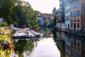 La Petite France und Ausflugsboote auf der l'Ill im Morgenlicht am Quai Woerthel in Strasbourg im Département Bas-Rhin in der Region Grand Est im Elsass (Alsace) in Frankreich