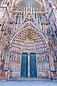  Central portal of the Cathédrale Notre-Dame (Strasbourg Cathedral) in Strasbourg in the Bas-Rhin department in the Grand Est region of Alsace in France 