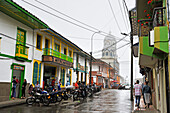 colored facades at Filandia, village of department of Quindio, Cordillera Central of the Andes mountain range,  Colombia, South America