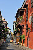 typical street in the downtown colonial walled city, Cartagena, Colombia, South America