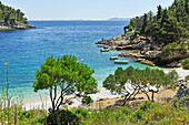 Blick auf Strand der Bucht Pupnatska Luka, Pupnat, Insel Korcula, bei Dubrovnik, Dalmatien, Kroatien, Südosteuropa