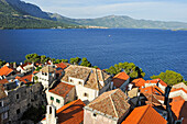 Korcula old town seen from the bell tower of the St. Mark's Cathedral, in foreground the Marco Polo's alleged birthplace, Korcula island, Croatia, Southeast Europe