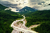 Sommer, Luftaufnahme, Fluss, Wasser, Berge, Bayern, Deutschland, Europa