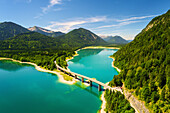  summer, aerial view, mountains, lake, Sylvenstein reservoir, forest, Bavaria, Germany, Europe 