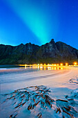  summer, beach, sandy beach, mountains, fjord, northern lights, Ersfjord, Senja, Skaland, Norway, Europe 