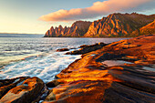  Summer, beach, dragon&#39;s teeth, mountains, bay, fjord, Ersfjord, Senja, Skaland, Norway, Europe 