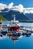  summer, island, harbor, jetty, boats, mountains, coast, Husoy, fjord, Senja, Skaland, Norway, Europe 