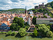  Aerial view of the Tauber river flowing gently past the old town with the Red Tower at the Faultor (Kittsteintor), the Collegiate Church and Wertheim Castle, Wertheim, Spessart mainland, Franconia, Baden-Württemberg, Germany, Europe 