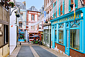  Street and square Le Carrefour du Singe en Hiver in memory of the filming location of the film with Jean Gabin and Jean-Paul Belmondo in 1962 in Villerville on the Flower Coast (Côte Fleurie, Cote Fleurie) in the Calvados department in the Normandy region of France 