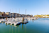  Port Plaisance harbor with yachts and Notre-Dame-de-Bonsecours pilgrimage chapel on the eastern cliff in Dieppe on the Alabaster Coast (Côte d&#39;Albâtre, Cote d&#39;Albatre) in the Seine-Maritime department in the Normandy region of France 