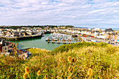 Ausblick auf den Hafen Port Plaisance von der Wallfahrtskapelle Notre-Dame-de-Bonsecours in Dieppe an der Alabasterküste (Côte d'Albâtre, Cote d'Albatre) im Département Seine-Maritime in der Region Normandie in Frankreich