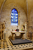  Interior of the church Eglise Saint Valery (Saint-Valéry) with stained glass window by Georges Braque in Varengeville-sur-Mer on the Alabaster Coast (Côte d&#39;Albâtre, Cote d&#39;Albatre) in the Seine-Maritime department in the Normandy region of France 