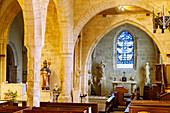  Interior of the church Eglise Saint Valery (Saint-Valéry) with stained glass window by Georges Braque in Varengeville-sur-Mer on the Alabaster Coast (Côte d&#39;Albâtre, Cote d&#39;Albatre) in the Seine-Maritime department in the Normandy region of France 