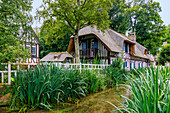  L&#39;Abbreuvoir (historic drinking trough, water trough, animal trough) and half-timbered house with thatched roof in Veules-les-Roses on the Alabaster Coast (Côte d&#39;Albâtre, Cote d&#39;Albatre) in the Seine-Maritime department in the Normandy region of France 