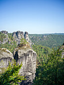 Blick von der Basteibrücke auf den Gansfelsen, Bastei, Sächsische Schweiz, Elbsandsteingebirge, Sachsen, Deutschland, Europa