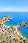  Isola Bella, erhöhte Ansicht, Taormina, Sizilien, Italien 