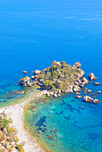  Isola Bella, erhöhte Ansicht, Taormina, Sizilien, Italien 