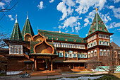 Exterior view of the Wooden Palace of Tsar Alexei Mikhailovich in Kolomenskoye Museum Reserve. Moscow, Russia.