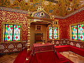 Tsar's seat in the dining hall in the Wooden Palace of Tsar Alexei Mikhailovich. Kolomenskoye Museum Reserve, Moscow, Russia.