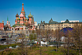 The 16th century Cathedral of Vasily the Blessed, aka Saint Basil's Cathedral, as seen from Zaryadye Park. Moscow, Russian Federation.