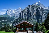  Alpenhaus in Mürren, Eiger, Mönch and Jungfrau in the background, Mürren, Bernese Oberland, Switzerland 