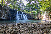  Rochester Falls, tropical nature and landscape at the waterfall made of basalt steles, Mauritius. 