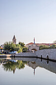  Nin, skyline of a small Mediterranean town, massive city walls in a lagoon, Zadar, Dalmatia, Croatia, Adriatic Sea 