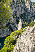 Felsnadel, genannt 'Finger Gottes', bei Calanque d'En-vau zwischen Cassis und Marseille, Provence, Frankreich, Europa