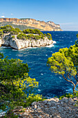 Blick zum Cap Canaille über die Calanque de Port Miou zwischen Cassis und Marseille, Provence, Frankreich, Europa