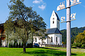  Roßholzen with Maypole and Church of St. Bartholomäus at Samerberg in Chiemgau in Upper Bavaria in Germany 