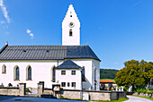  Roßholzen with Maypole and Church of St. Bartholomäus at Samerberg in Chiemgau in Upper Bavaria in Germany 