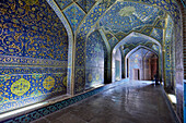 Interior view of the Shah Mosque (Masjed-e Shah) showing its highly elaborate tilework on walls and ceiling. Isfahan, Iran.