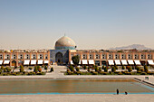 Elevated view of the Naqsh-e Jahan Square and the Lotfollah Mosque from the upper terrace of the Ali Qapu Palace. Isfahan, Iran.