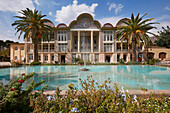 Water pond with a fountain at the 19th century pavilion in the Eram Garden (Bagh-e Eram), UNESCO World Heritage Site. Shiraz, Iran.