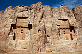 Rock-cut tombs of two Achaemenian kings of Persian Empire - Artaxerxes I (right) and Darius II (left). Naqsh-e Rostam Necropolis near Persepolis, Iran.