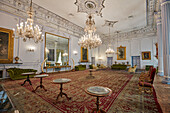 Interior view of the Ivory Hall (Talar e Adj), a large hall used as a dining room in the Golestan Palace, UNESCO World Heritage Site. Tehran, Iran.