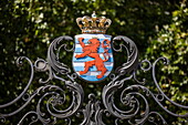  Luxembourg coat of arms with the red lion on a wrought iron gate, Luxembourg, Luxembourg, Europe 