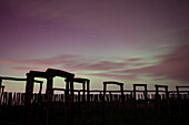  Northern lights at the ring sanctuary in Pömmelte, constellation of the Big Dipper, prehistoric circular ditch system is also called the German Stonehenge by archaeologists, Zackmünde, Pömmelte, Saxony-Anhalt, Germany 