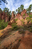 Ockerlehrpfad im ehemaligen Ockersteinbruch bei Roussillon, Département Vaucluse; Provence-Alpes-Côte d’Azur, Frankreich.