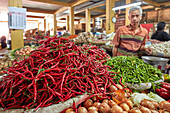 A selection of chili peppers displayed for sale at Beringharjo Market (Pasar Beringharjo). Yogyakarta, Java, Indonesia.