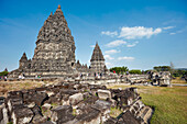 Exterior view of ancient buildings at Prambanan Hindu Temple Compound. Special Region of Yogyakarta, Java, Indonesia.