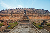 Exterior view of the Borobudur, 9th-century Mahayana Buddhist temple. Magelang Regency, Java, Indonesia.