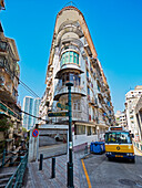 Residential buildings with balconies in the historic centre of Macau city, China.