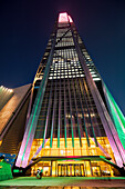 Ping An International Finance Centre, a 599 meters high skyscraper in Futian CBD, illuminated at night. Shenzhen, Guangdong Province, China.