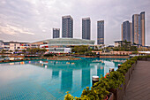 Fountain pool at the Sea World Plaza at dusk. Shekou, Shenzhen, Guangdong Province, China.